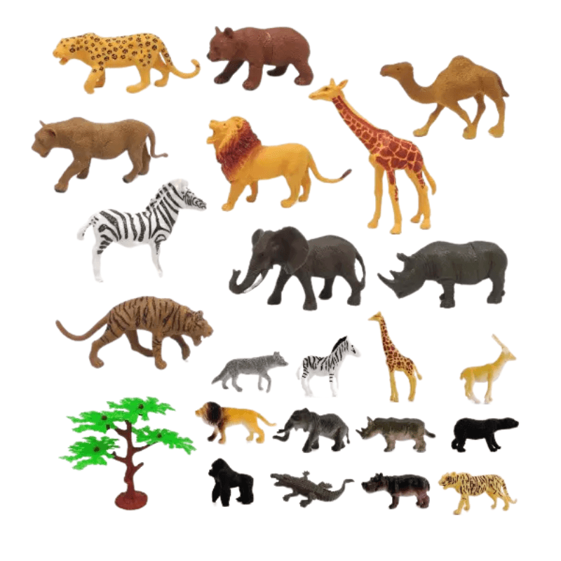 Set Educativ LUDIRO cu 23 de Animale Salbatice si Copac, Figurine Realiste pentru Copii, cu Dimensiuni Variate si Cutie de Depozitare, Invatare prin Joaca Activa