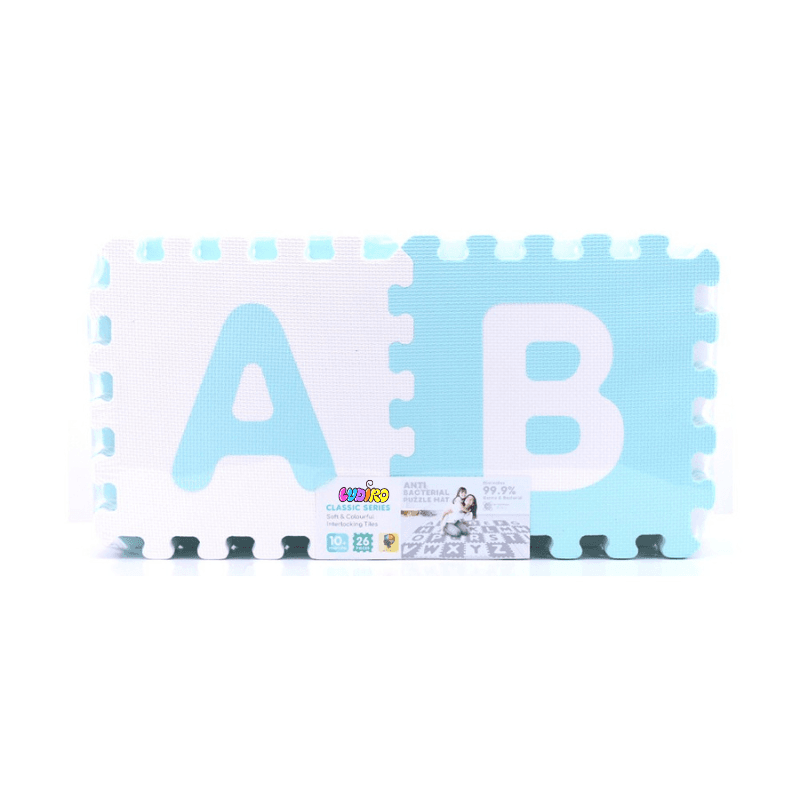 Covor Puzzle Antibacterian LUDIRO cu Litere A-Z, 26 Piese 32x32 cm, Spuma EVA cu Ioni de Argint, Alb Bleu
