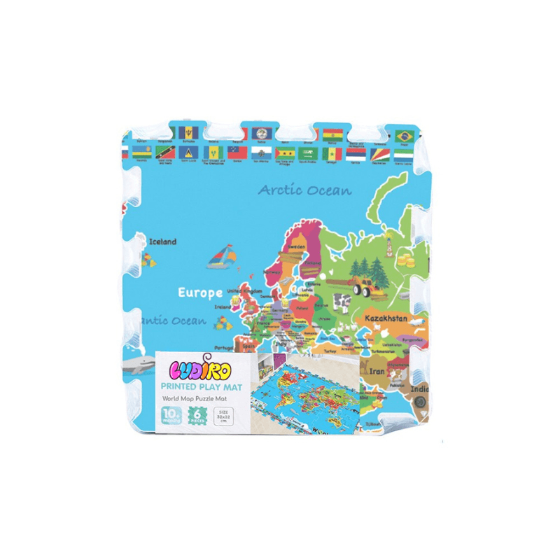 Covor Puzzle din Spuma EVA pentru Copii Ludiro, Set 6 Piese Educationale cu Harta Lumii, Sigur, Non-Toxic, Suprafata Totala 92x62 Cm, Joaca si Invatare