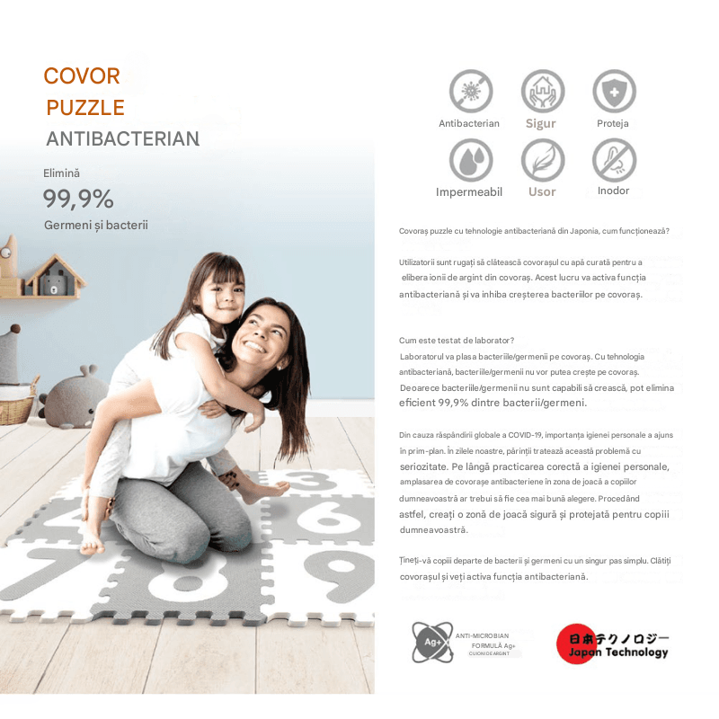 Covor Puzzle Antibacterian LUDIRO cu Litere A-Z, 26 Piese 32x32 cm, Spuma EVA cu Ioni de Argint, Alb Bleu