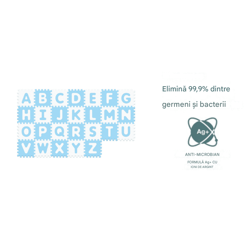 Covor Puzzle Antibacterian LUDIRO cu Litere A-Z, 26 Piese 32x32 cm, Spuma EVA cu Ioni de Argint, Alb Bleu