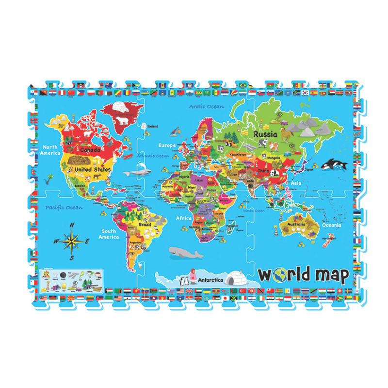 Covor Puzzle din Spuma EVA pentru Copii Ludiro, Set 6 Piese Educationale cu Harta Lumii, Sigur, Non-Toxic, Suprafata Totala 92x62 Cm, Joaca si Invatare