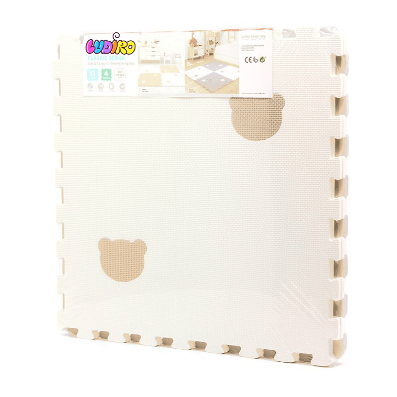 Covor Puzzle LUDIRO, 4 Piese 60x60 Cm, Spuma EVA, Protectie, Versatilitate si Siguranta pentru Orice Spatiu, Design Ursulet, Alb Bej