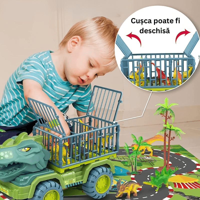 Camion Dinozaur Ludiro cu 6 Dinozauri si Cusca Rabatabila, 35x15x20cm