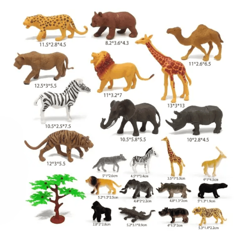 Set Educativ LUDIRO cu 23 de Animale Salbatice si Copac, Figurine Realiste pentru Copii, cu Dimensiuni Variate si Cutie de Depozitare, Invatare prin Joaca Activa