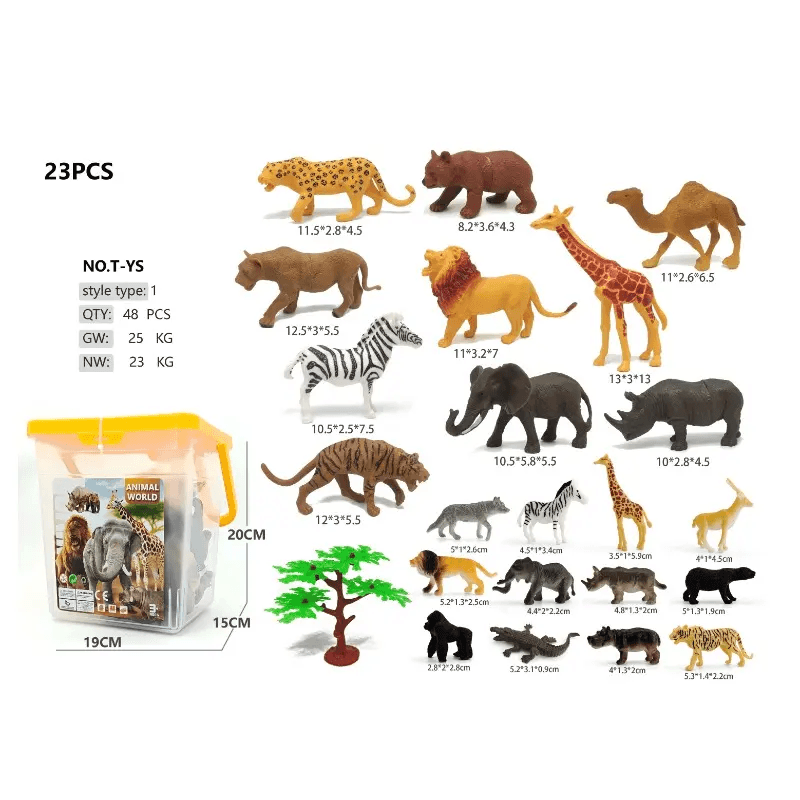 Set Educativ LUDIRO cu 23 de Animale Salbatice si Copac, Figurine Realiste pentru Copii, cu Dimensiuni Variate si Cutie de Depozitare, Invatare prin Joaca Activa