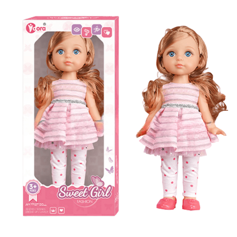 Papusa 30 Cm Ludiro, Rochita Roz, Par Lung, Dezvolta Imaginatia si Jocul de Rol, + 3 Ani