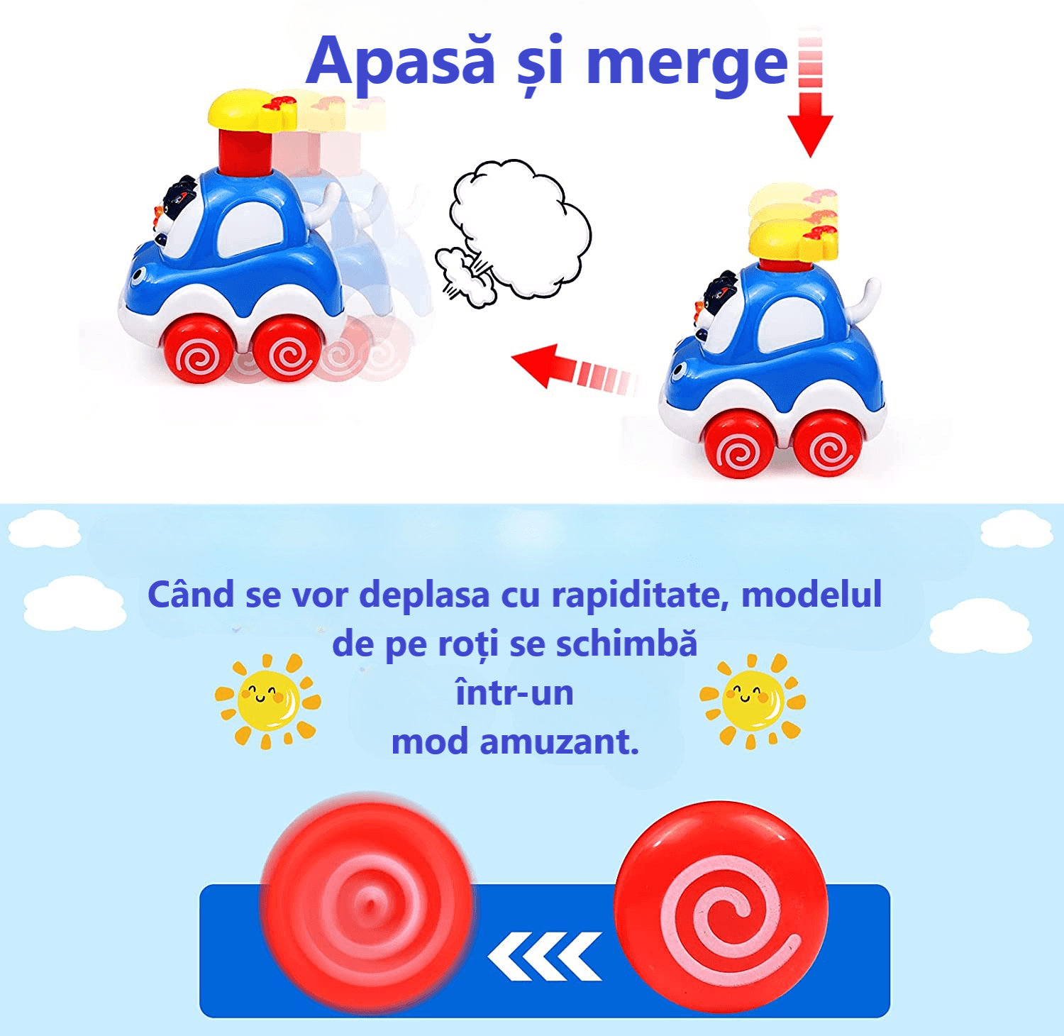 Set 4 Masinute Colorate Interactive, Apasa si Merge, 8x6x10 Cm, +18 Luni