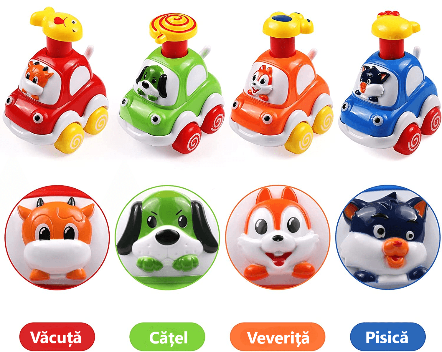 Set 4 Masinute Colorate Interactive, Apasa si Merge, 8x6x10 Cm, +18 Luni