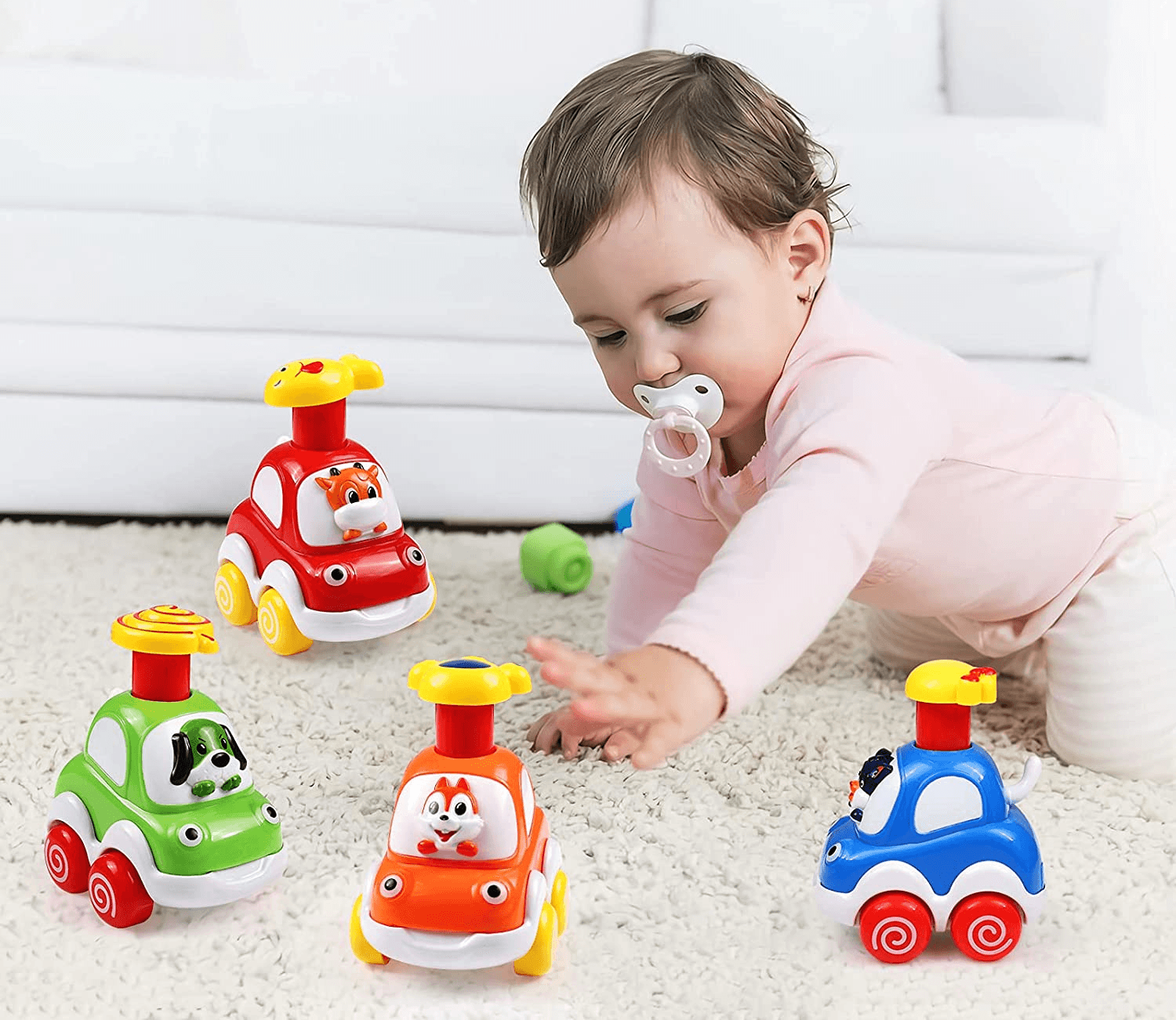 Set 4 Masinute Colorate Interactive, Apasa si Merge, 8x6x10 Cm, +18 Luni