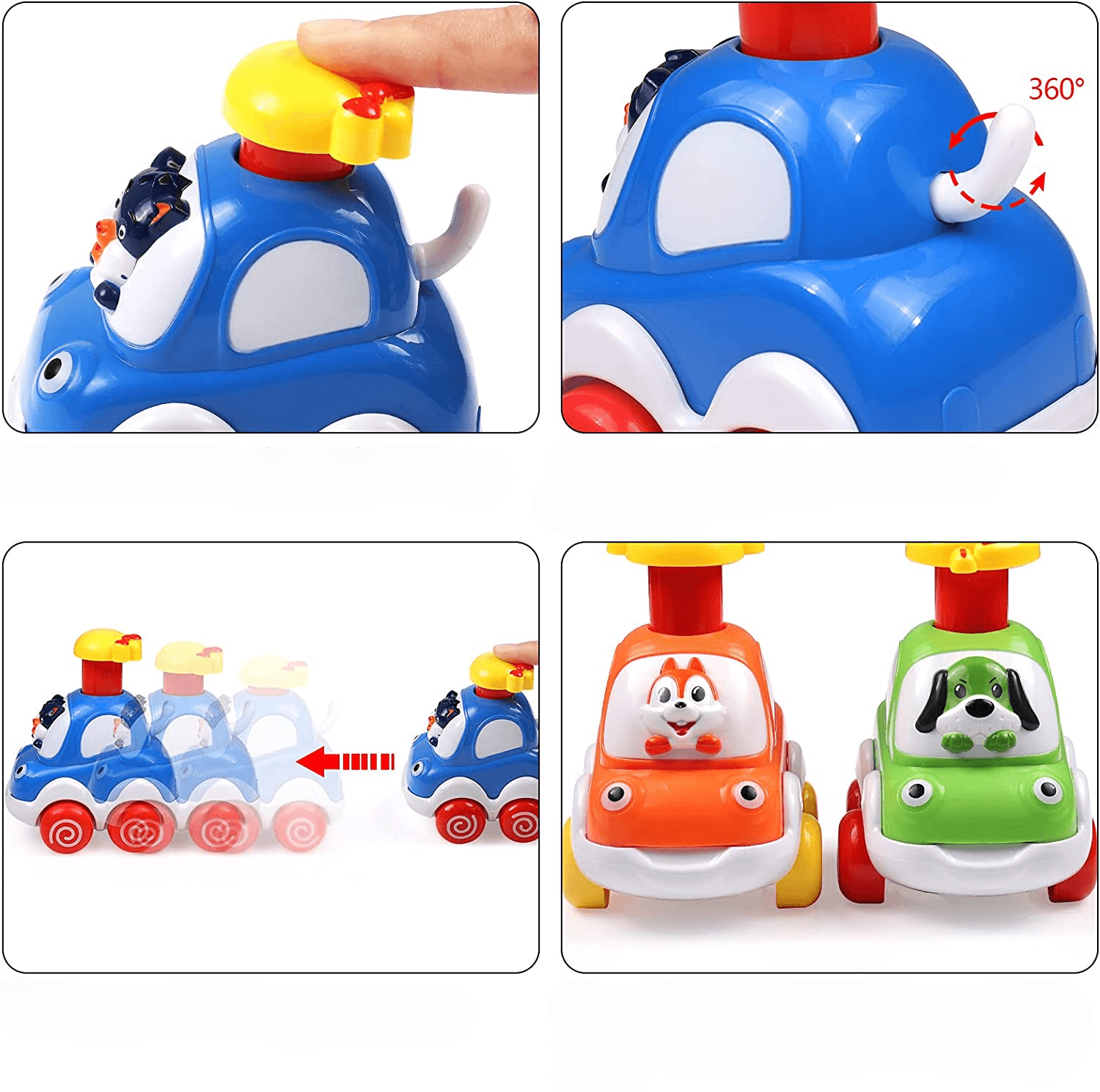 Set 4 Masinute Colorate Interactive, Apasa si Merge, 8x6x10 Cm, +18 Luni