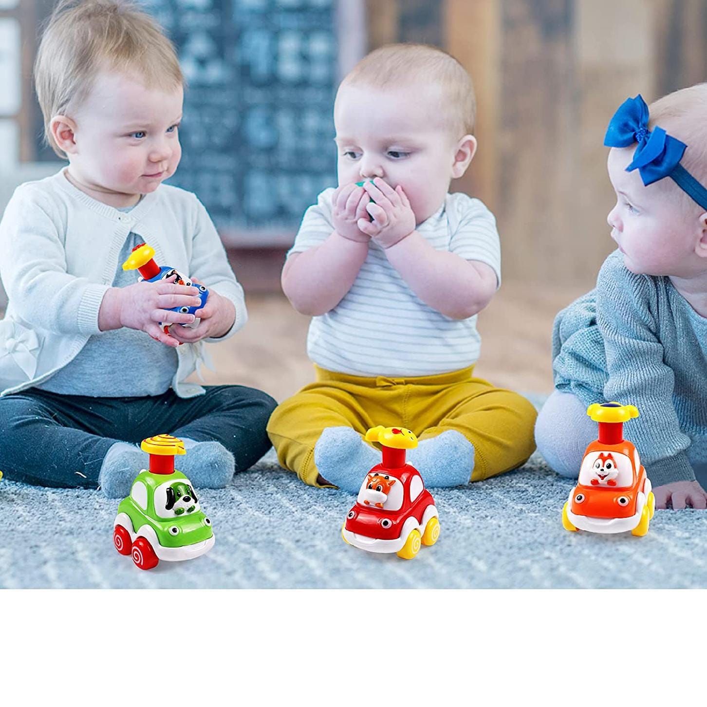 Set 4 Masinute Colorate Interactive, Apasa si Merge, 8x6x10 Cm, +18 Luni