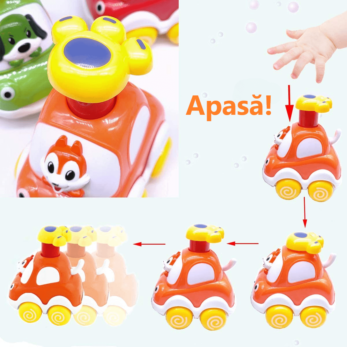 Set 4 Masinute Colorate Interactive, Apasa si Merge, 8x6x10 Cm, +18 Luni