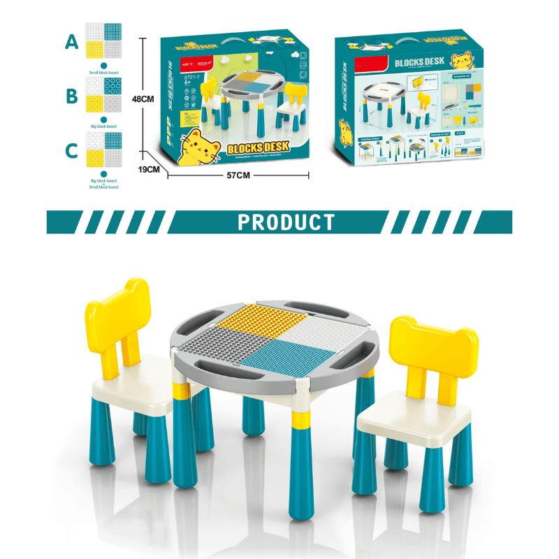 Resigilat - Set Masuta de Activitati pentru Copii cu 2 Scaune incluse, Design Ergonomic si Sigur, Compatibila cu Blocuri Mari de Constructie, Perfect pentru Dezvoltarea Creativitatii, Coordonarii si Invatarii prin Joaca, Ideal pentru Camera de Joaca