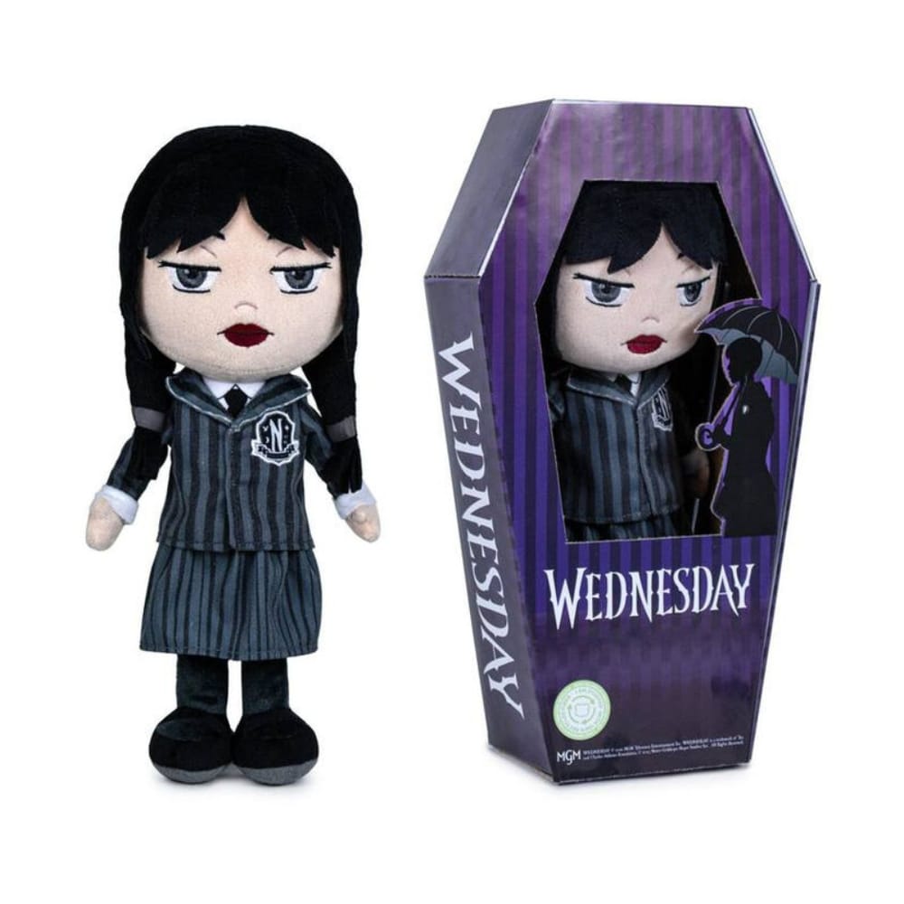 Jucărie de Pluș Wednesday Addams, Uniforma Nevermore Academy (27 cm), Păpușă de Colecție Premium cu Detalii Realiste, în Cutie Formă de Sicriu