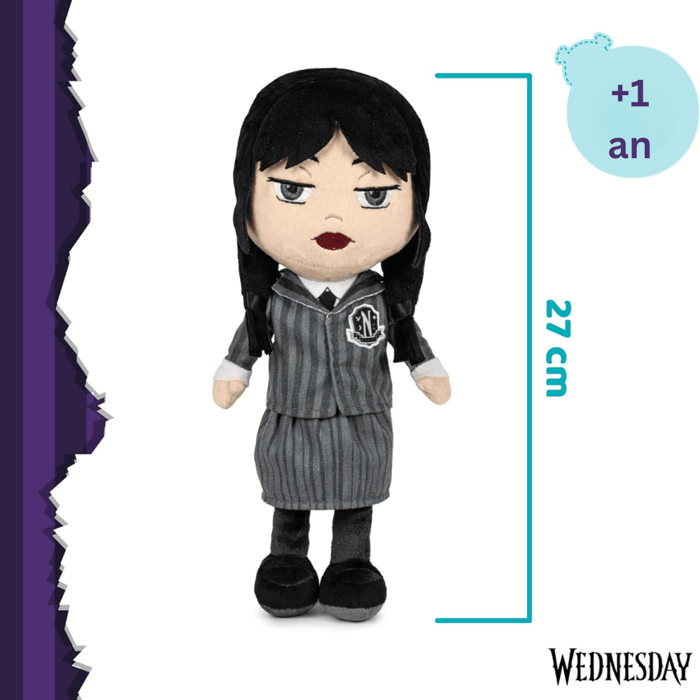 Jucărie de Pluș Wednesday Addams, Uniforma Nevermore Academy (27 cm), Păpușă de Colecție Premium cu Detalii Realiste, în Cutie Formă de Sicriu
