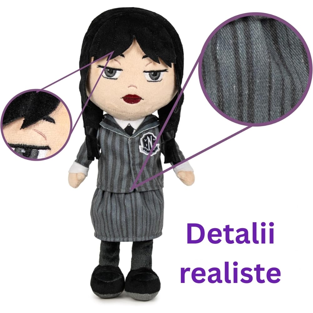 Jucărie de Pluș Wednesday Addams, Uniforma Nevermore Academy (27 cm), Păpușă de Colecție Premium cu Detalii Realiste, în Cutie Formă de Sicriu
