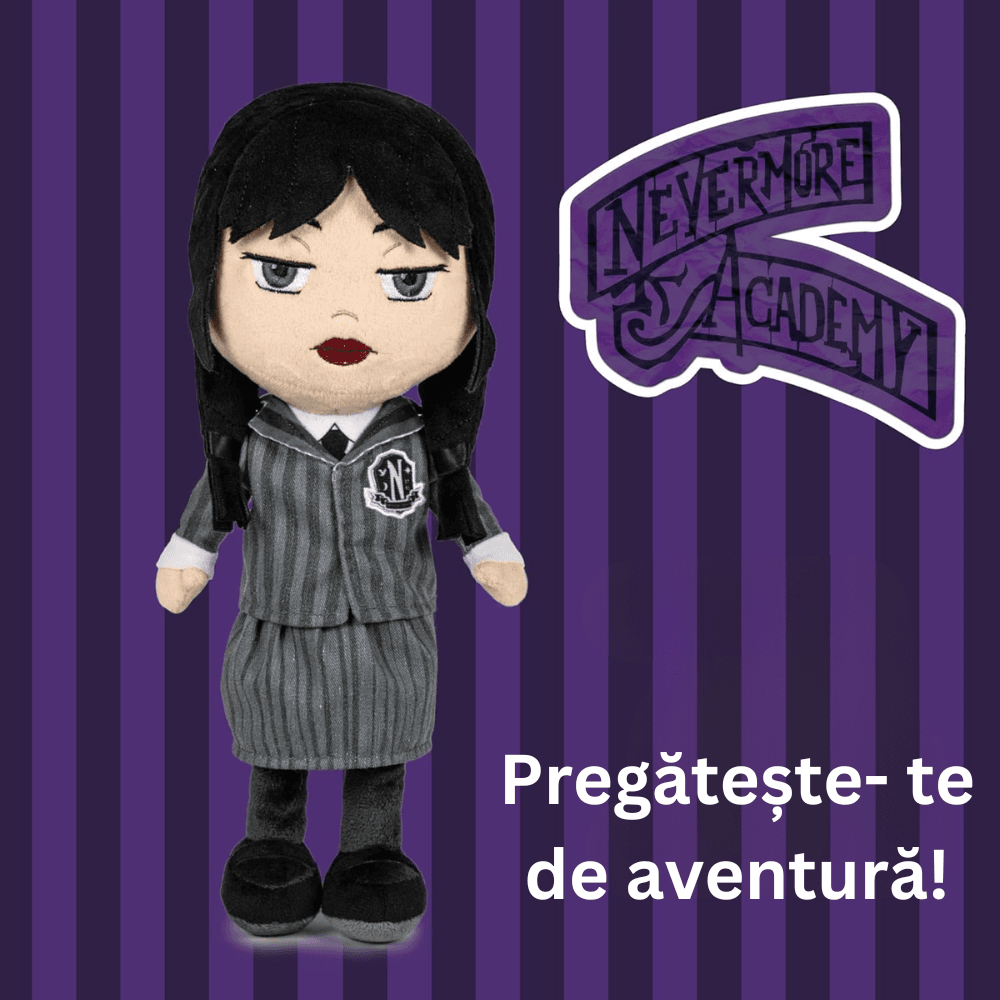 Jucărie de Pluș Wednesday Addams, Uniforma Nevermore Academy (27 cm), Păpușă de Colecție Premium cu Detalii Realiste, în Cutie Formă de Sicriu