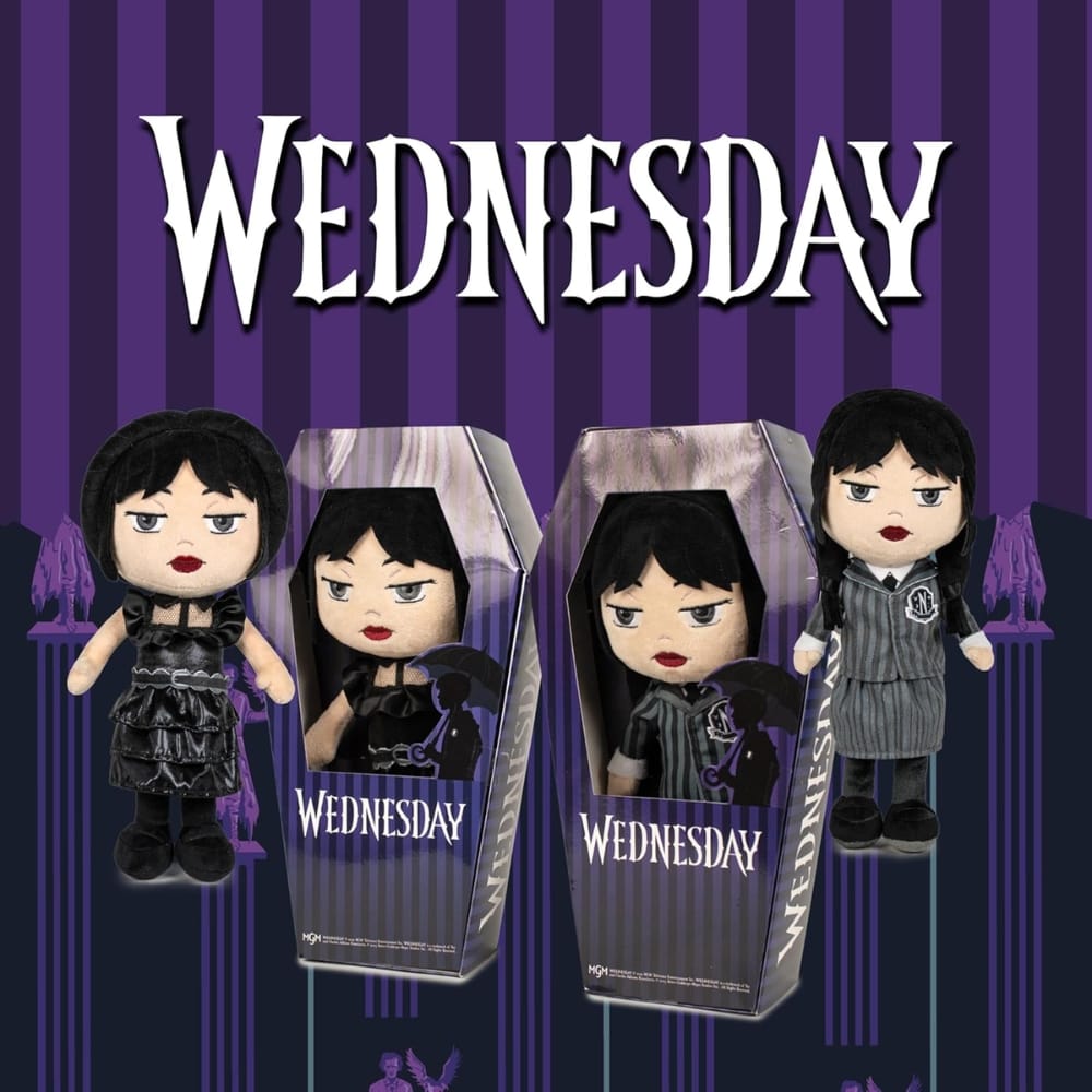 Jucărie de Pluș Wednesday Addams, Uniforma Nevermore Academy (27 cm), Păpușă de Colecție Premium cu Detalii Realiste, în Cutie Formă de Sicriu