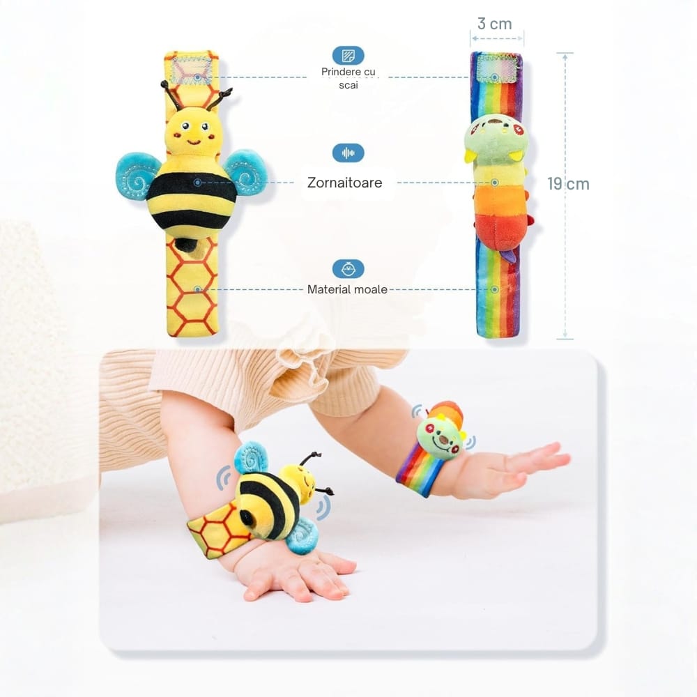 brățări zornăitoare pentru bebeluși cu prindere cu scai și dimensiuni