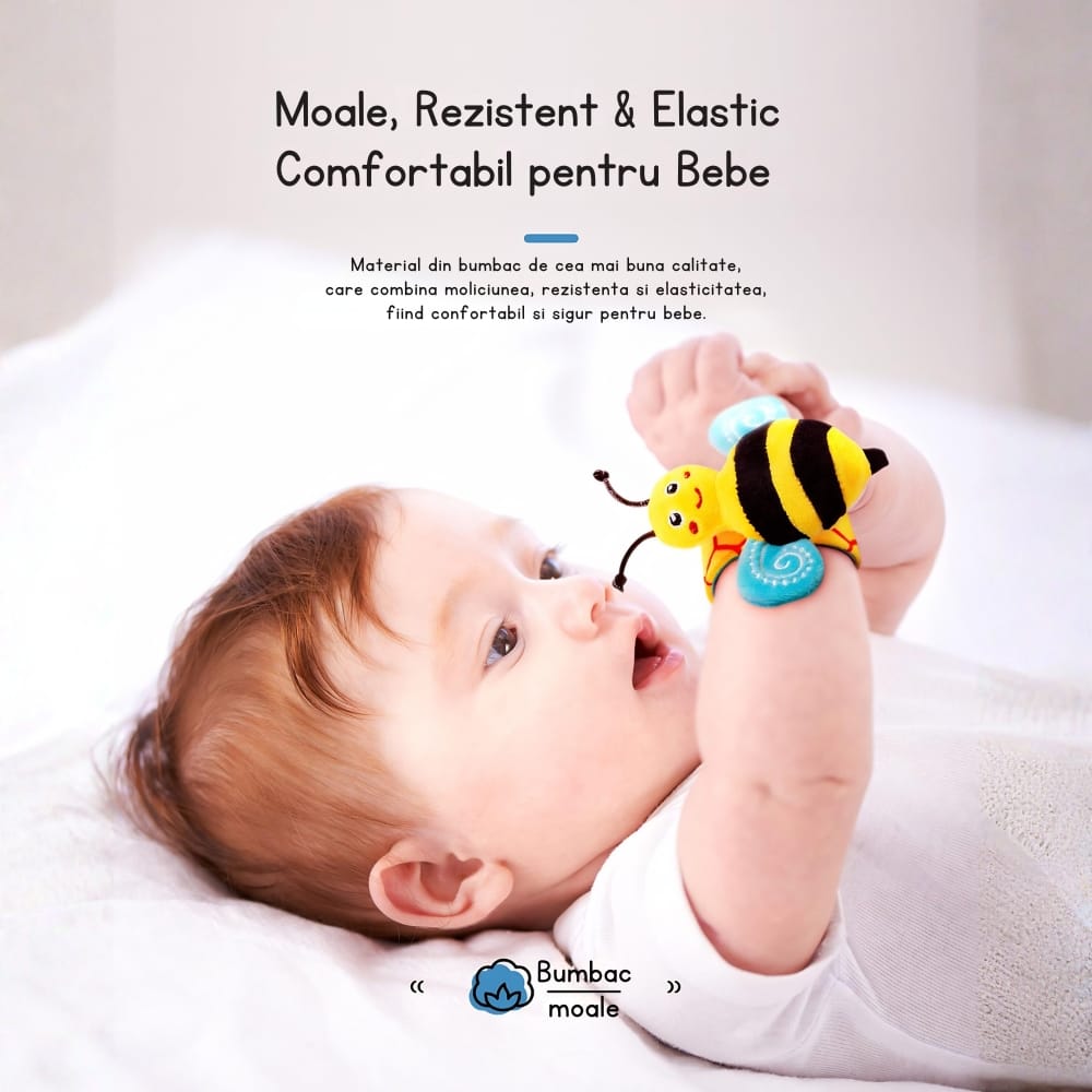 brățară zornăitoare pentru bebeluși din material moale cu albinuță